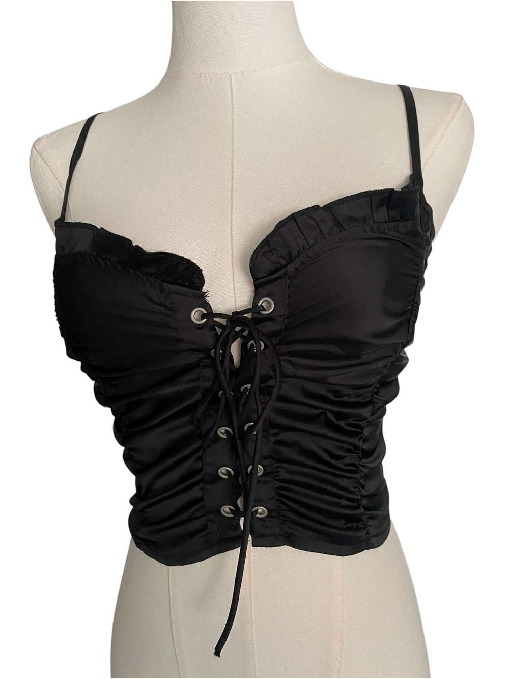 Cider Black Satin Lace-Up Ruched Bustier Crop Top